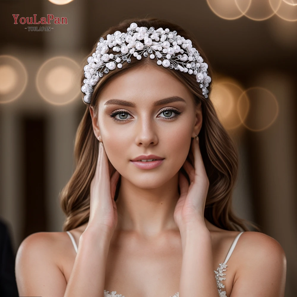 

TOPQUEEN Fashion White Pearl Hair Hoop Crystal Headband Hair Accessories Bridal Hair Tiara Handmade Headdress For Party HP663