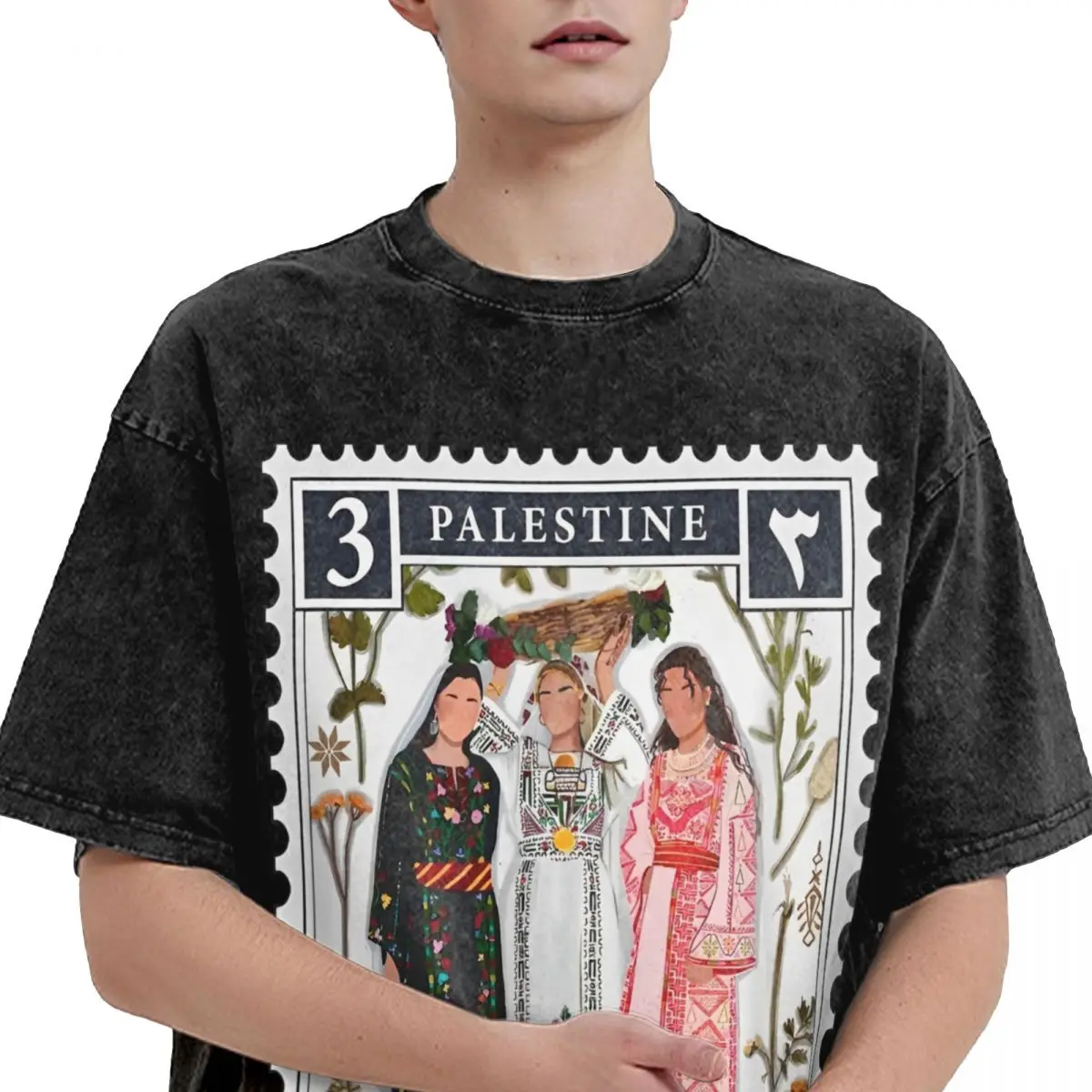 Palestine Stamp Washed T Shirt Streetwear Hip Hop Retro T-Shirt Tees for Men Women 100% Cotton Oversize Summer