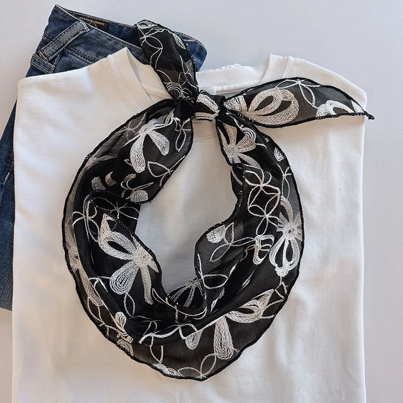 

Женский шарф с тяжелой вышивкой, дышащий, изящный и элегантный, подходит для офиса, небольшой шарф на шею.