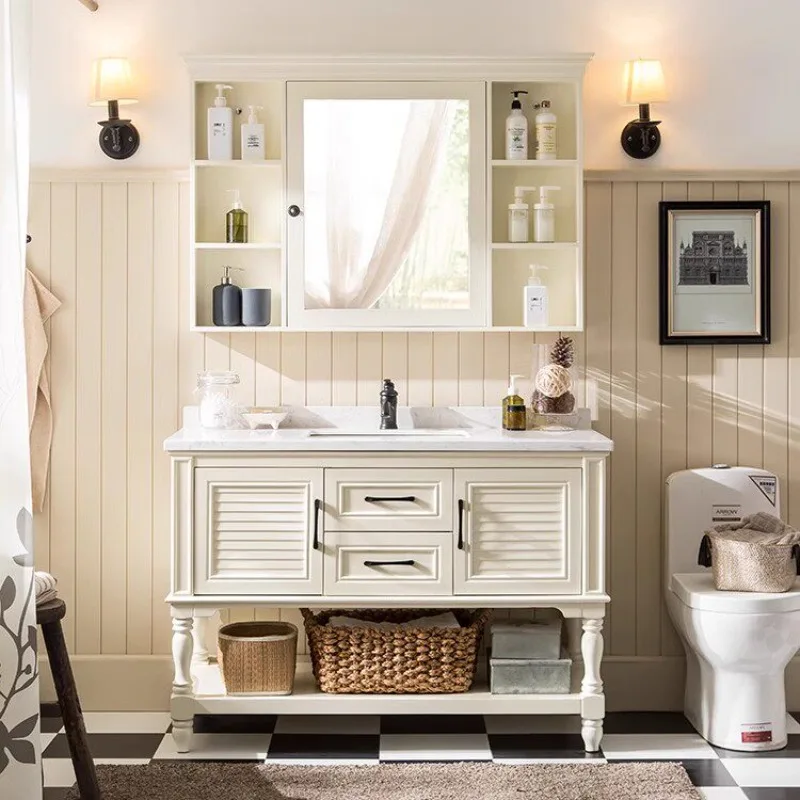 Bathroom cabinet solid wood floor-to-ceiling washbasin marble washbasin bathroom washbasin cabinet combination