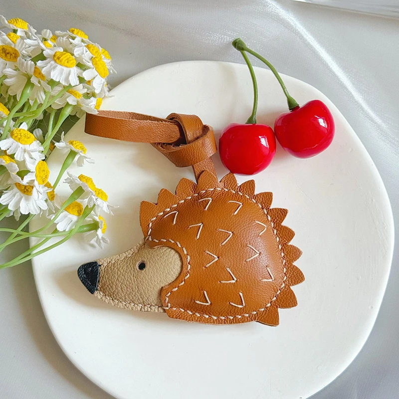 Cute Hedgehog Car Keychain Real Sheepskin Bag Pendant Genuine Leather Auto Decor Accessories Adorable Handcrafted Bag Charm