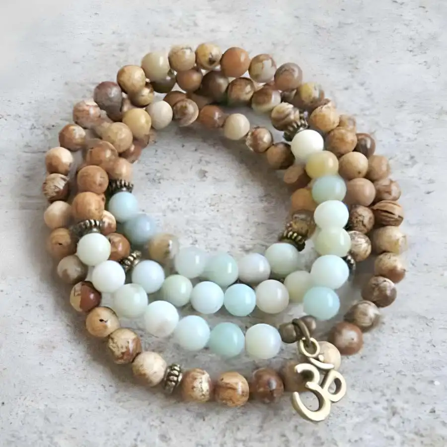 

6mm 108 Glossy Amazoniteite Drawing Stone Mala men Bracelet Natural stone Jewelry Bead Meditation zazen Chaplet Men's Buddhist