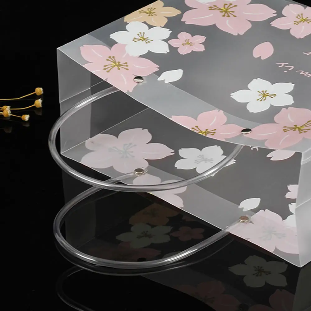 Portable Cherry Blossom Wear-resistant Waterproof Frosted Transparent Gift Bag Handbag Shopping Bag Clothing Bag Packaging Gift