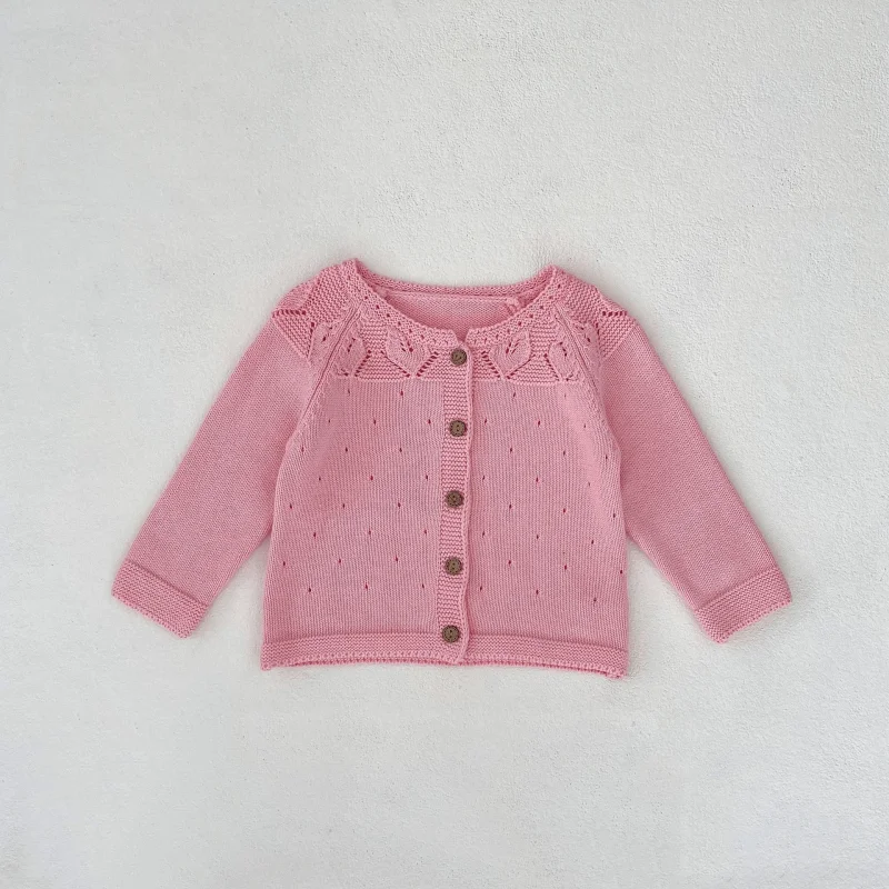 Newborn Baby Girl Cotton Pink Cardigan Cap Infant Toddler Child Knitted Solid Color Jacket Pant Hollow Out Baby Clothes 3M-2Y