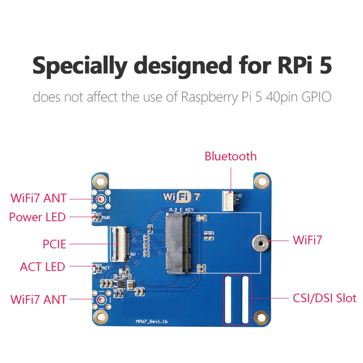 MPW7A for Raspberry Pi 5 PCIE to M.2 E-Key WiFi7 Module BE200 Support Google TPU/WiF6E AX210/AX200 Adapter