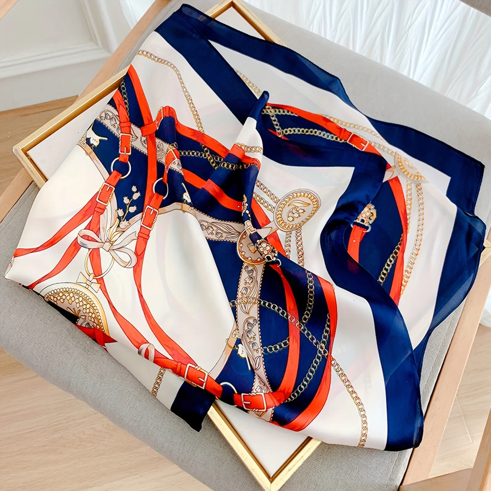 Pomarańczowo-granatowy kwadratowy szal z nadrukiem, cienki, oddychający, chroniący przed słońcem, na co dzień, na zewnątrz, wiatroodporny, chusta na głowę dla kobiet.