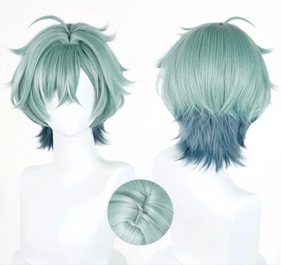 Lohen Cosplay-Perücke, 35 cm, kurze grüne gemischte Perücke, Anime, hitzebeständige synthetische Perücken für Halloween, Karneval, Party, Kostüm