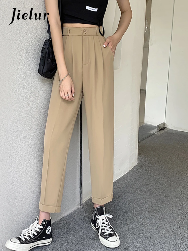 

Jielur Loose Straight Fashion OL Khaki Pants Women Vintage High Waist Zipper Harem Pants Summer Capri Female Trousers S-4XL Size