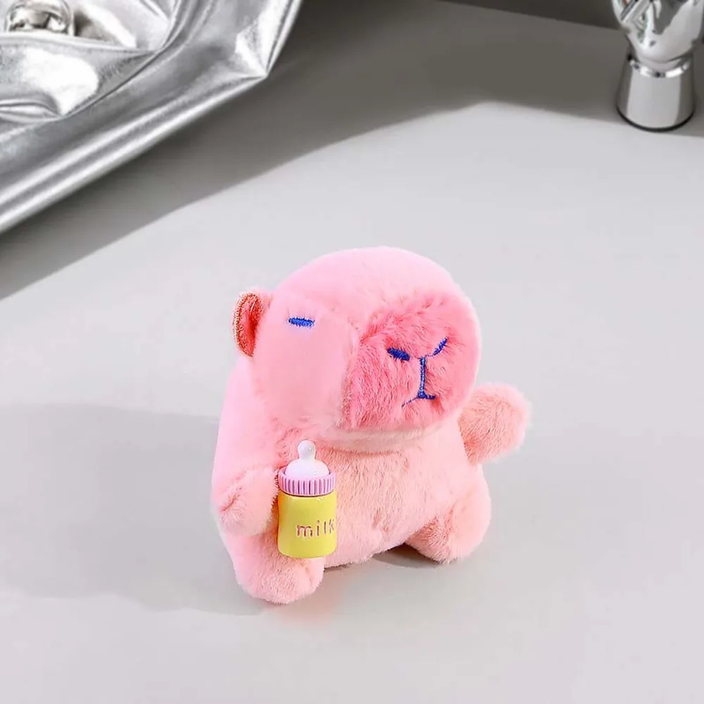 2pcs/set Soft Pink Capybara Key Ring Funny Feeding Bottle Plush Capybara Pendant Brown Avocado Cartoon Animal Keychain Girls