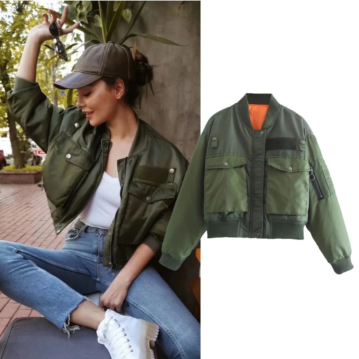 

Stylish Lady Autumn Winter Merodi Green Short Jackets Women Fashion Long Sleeve Zipper Bomber Jacket Outwear Women's Coat