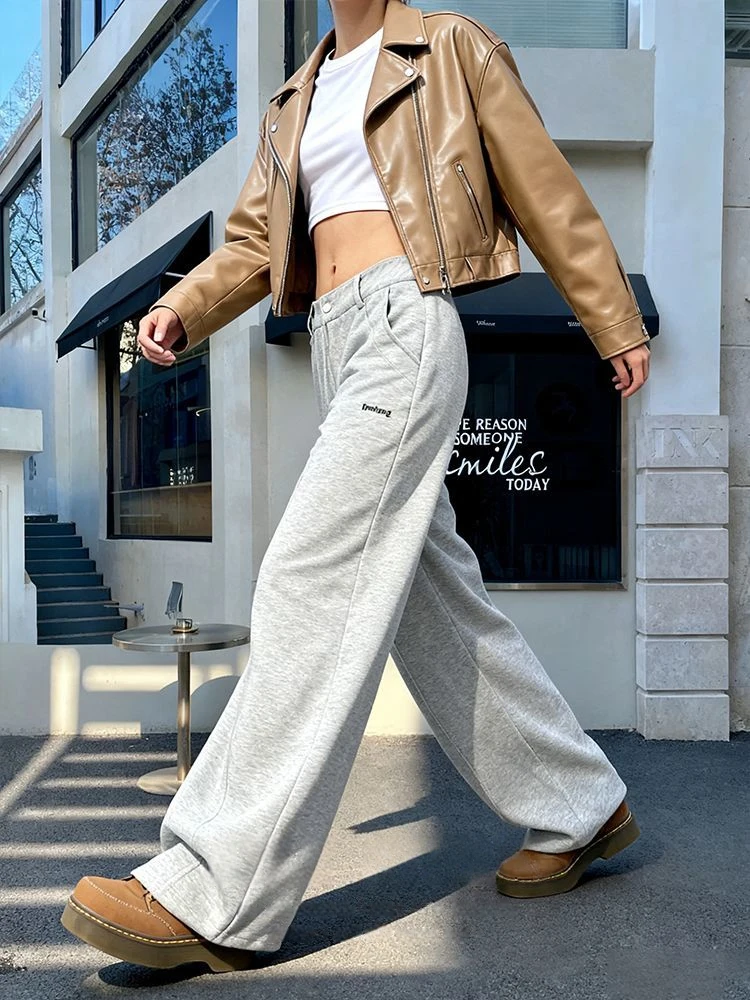 Y2K-pantalones Retro americanos para mujer, traje estilo cintura para correr, pierna ancha gruesa, corte de guadaña, ropa de calle informal, pantalones de pierna ancha versátiles