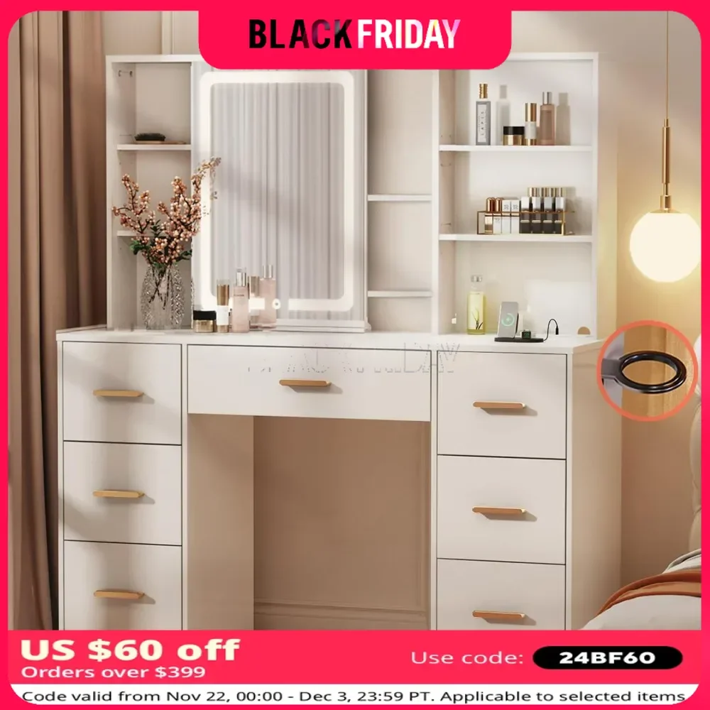 47'' Large Vanity Desk with Mirror and Lights, 7 Drawers, 8 Storage Shelves,  3 LED Lighting Modes, Vanity Dresser with Outlet