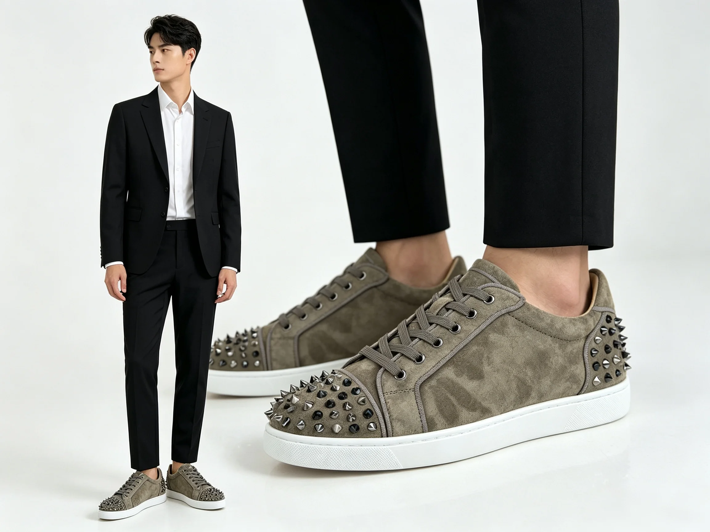 Luxury Men's Spikes Toe & Heel Studded Low Top Taupe Suede Leather Red Bottom Sneakers Casual Boat Shoes Casual Shoes Footwear