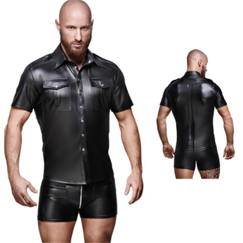 

Men's Pure Color PU Leather Tight Short Sleeve Shirt Youth Fashion Slim Fit Shirt Sharp Collar Decorative Stitching Iron Free