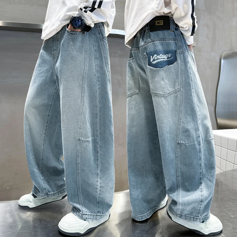 

Boys Loose Jeans With Side Pockets Teen Boys Denim Teenage Trousers With Letter Design Toddler Cool Blue Jeans Toddler Age 4-14Y
