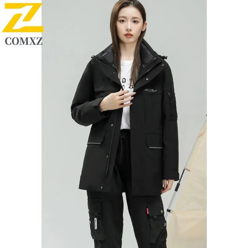 COMXZ Men Down Jacket Classic Solid Color Detachable Hood Warm High Quality Skiing Puffer Jacket Travel Windproof Winter Jacket