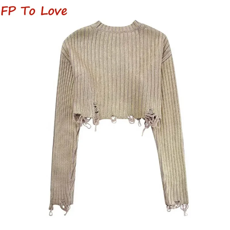 PB&ZA Woman Gold Torn Hole Crew Neck Pullover Sweater Silver Grey Metallic Foil Short Long Sleeve Knit 6771001