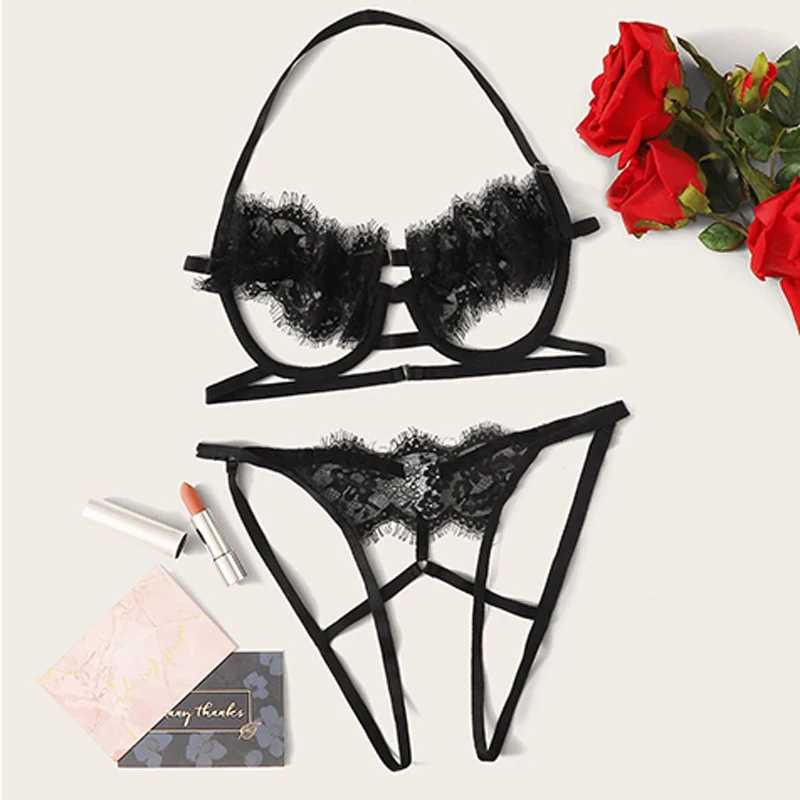 

Ultra-thin Hollow Out See-Through Bra Set Seductive Sexy Transparent Backless Erotic Nightgown 2 Piece Set