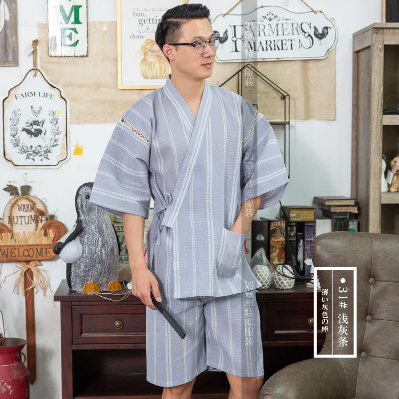 100%Cotton Men's Kimono Yukata Summer Japanese Male Home Youth Traditional Short-Sleeved Suit Cotton Thin 2PCS/SET