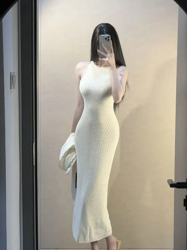 

Уникальный вязаный комплект из двух предметов: кардиган и платье миди с высокой талией, модный французский стиль, хлопковая смесь, длинный рукав