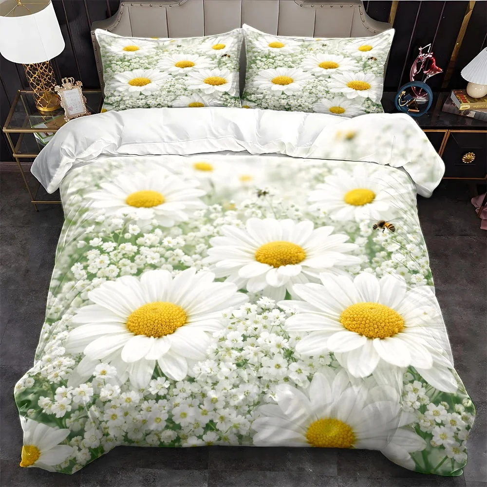 3Pc Fresh Daisy Print Duvet Cover Set, Three-Piece Bedding Set (1*Duvet Cover + 2*Pillowcases), Suitable for All Seasons, Machine Washable, Invisible Zipper Design, Large Double Bed Cover, Suitable for Home, Dorm, Master Bedroom, Guest Room, Ins-Style Pastoral Floral Bedding Set, Soft, Skin-Friendly, Breathable Bedding, Fresh Plant Print Duvet Cover Three-Piece Set, Simple Nordic Style Bedroom Bedding Set 2D Flat Print
