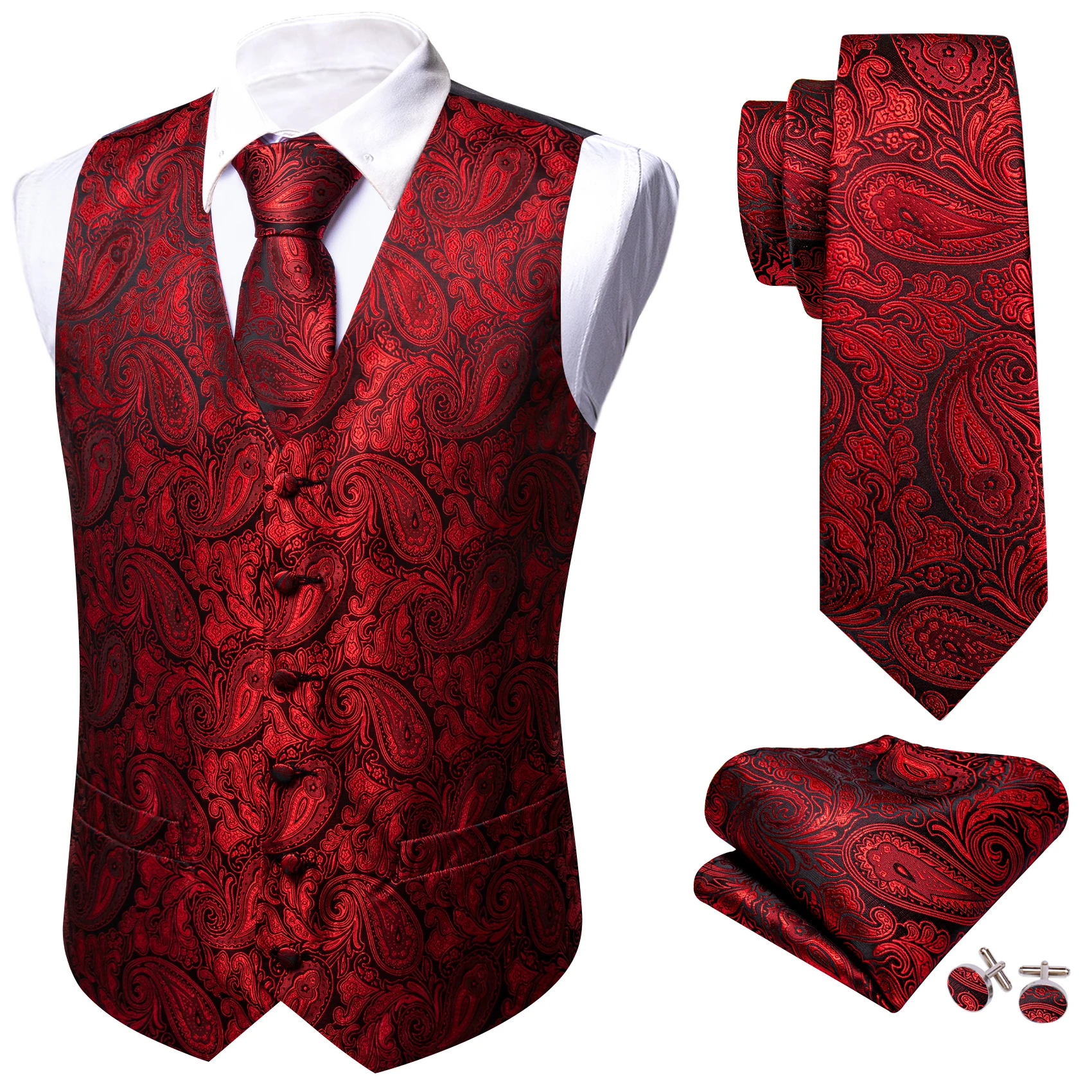 Luxury Vest for Men Silk Red Black Paisley Embroidered Slim Fit Waistcoat Necktie Set Wedding Fomal Male Suit Barry Wang