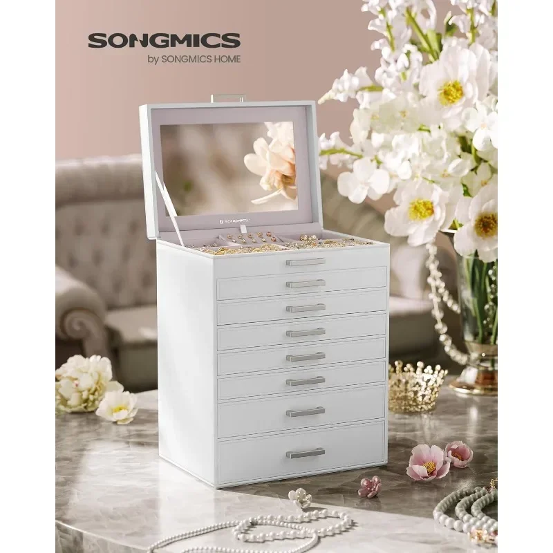 

8-Tier Jewelry Box, Large Mirror & 7 Drawers Modern Jewelry Organizer Storage Case for Women, Gift