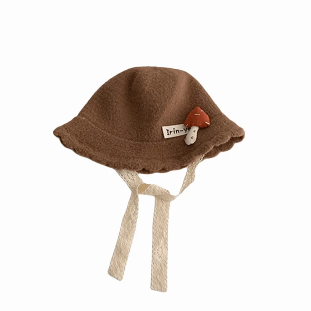 

Soft Kids Warm Knitted Hat Mushroom pattern Windproof Curled Fisherman Cap Breathable Lacing Up Baby Bucket Hat Winter Season