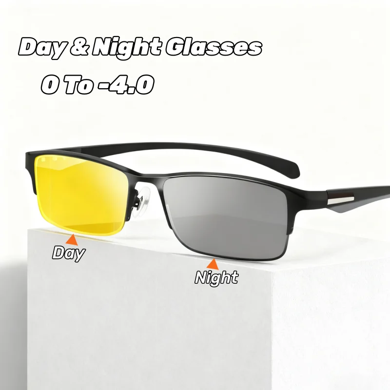 

Day & Night Photochromic Night Vision Myopia Glasses Half-Frame Square Anti-Glare Driving Glasses UV Protection Business Eyewear