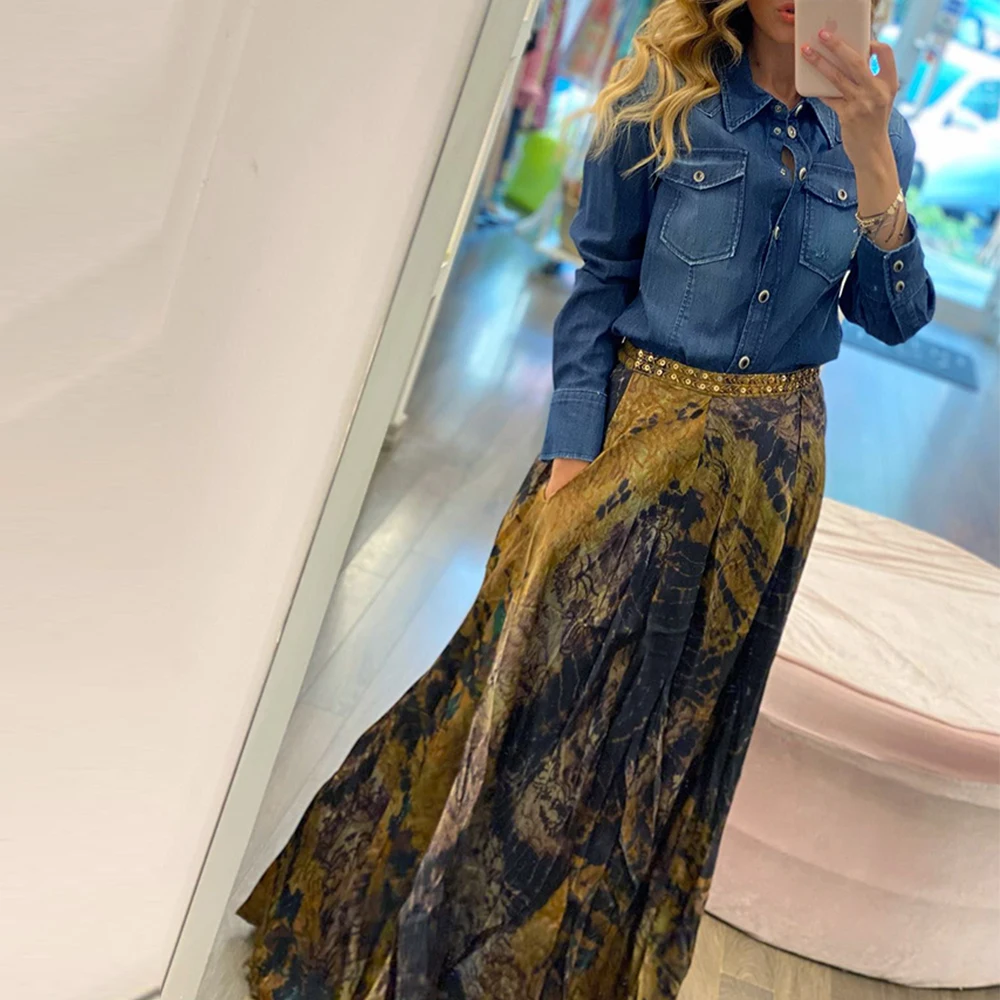 Autumn Winnter High Waist Long A-Line Skirt Floral Skirt Women Casual Beach Faldas Female Boho Elastic Waist Holiday Maxi Skirts