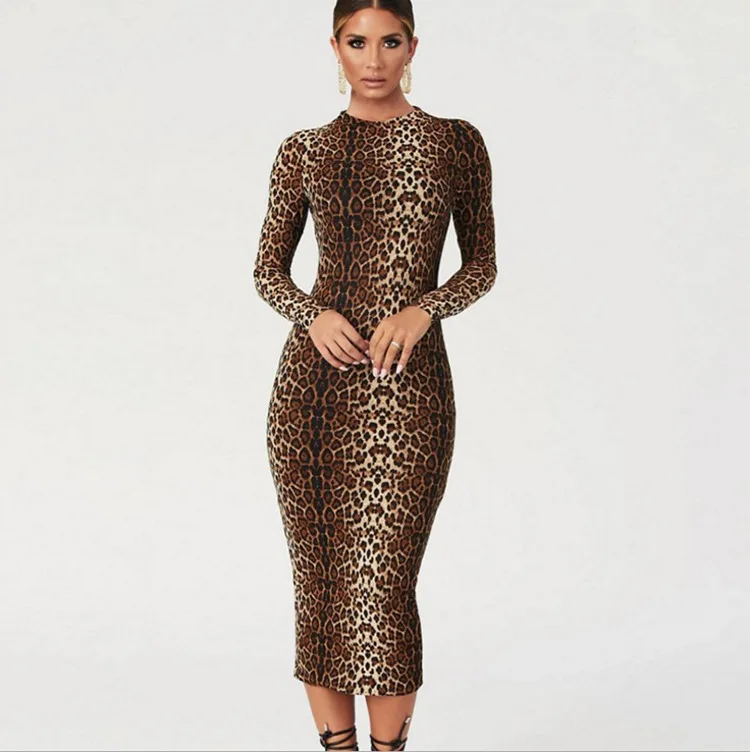 

Autumn and Winter New Women's Fashion Leopard Print Long Sleeve Sexy Slim Dress