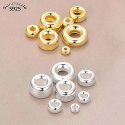 Genuine Real Pure Solid 925 Sterling Silver Beads Flat Round Loose Bead 18k Gold Large Hole Spacer Jewelry Making Findings