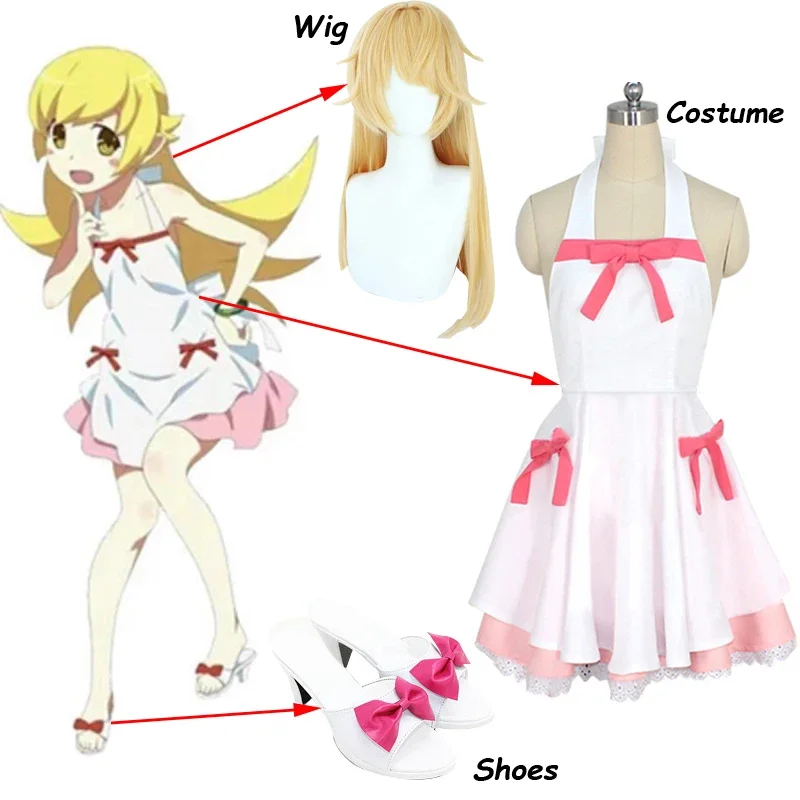 Anime Bakemonogatari Cos Oshino Shinobu Cosplay Costume Woman Lolita White Pink Dress Halloween Custom Made