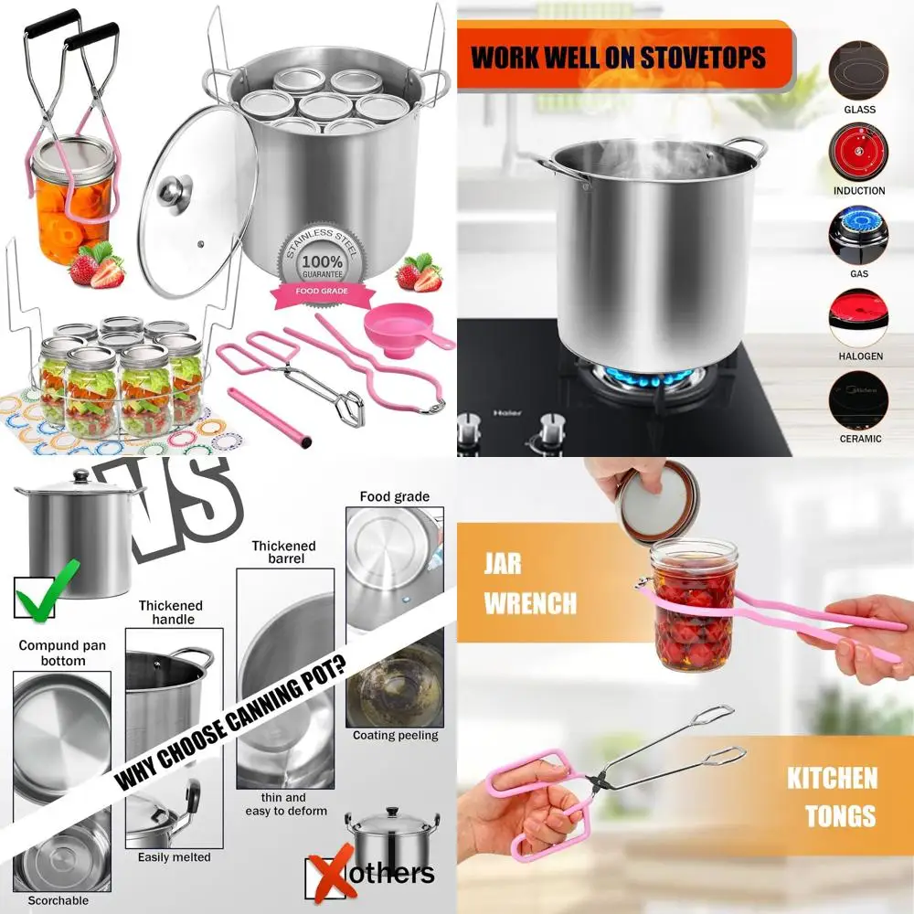 

Pink 21.5 Quart Stainless Steel Canning Kit with Rack, Lid, Jar Lifter, Funnels, and Accessories
