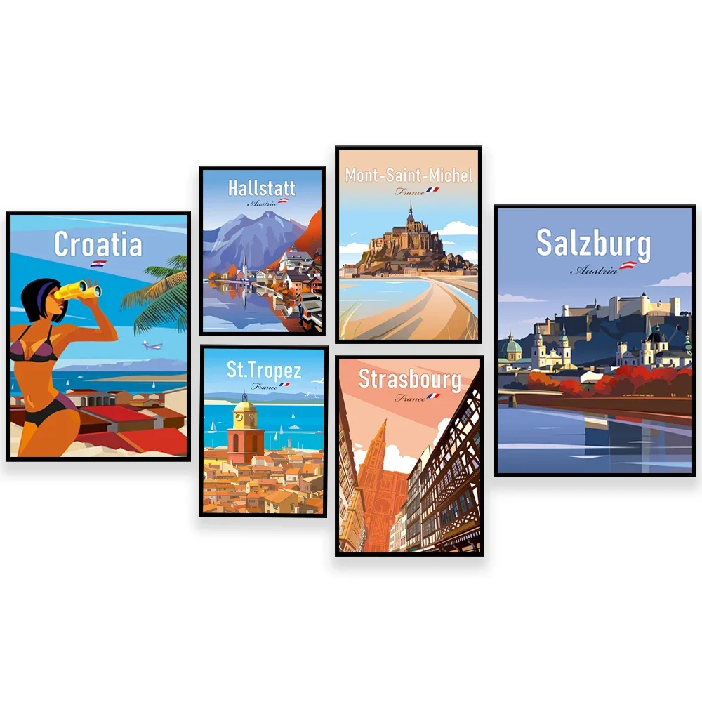 Montreal, Hallstatt Autumn, Procida Naples, Marseille, Dubai, Saint Tropez, Salzburg, Singapore, Strasbourg France travel poster