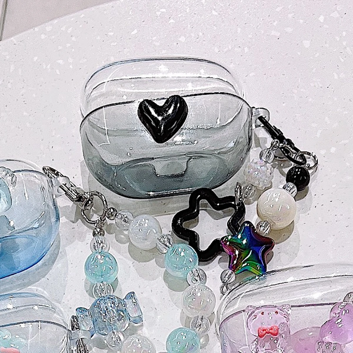 후크가있는 Sony Wf-1000xm5 용 케이스, 투명 충격 방지 소프트 보호 커버, 소녀 용 귀여운 러브 하트 꽃 나비 넥타이 이어 버드 쉘