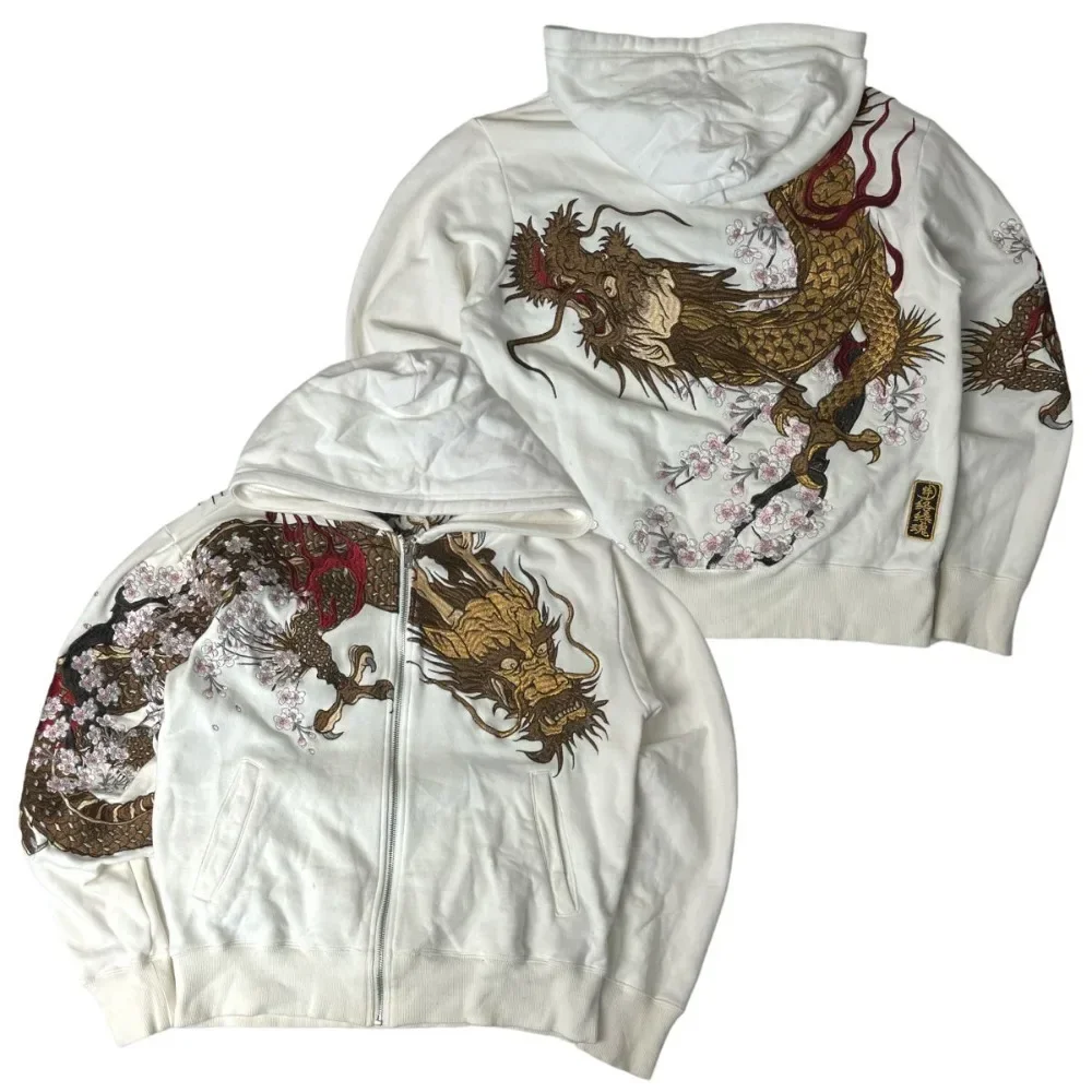 Trendiger Retro-Hoodie mit Reißverschluss, Y2K-Stil für Männer und Frauen, Hip-Hop-Stickerei, lässiger lockerer Hoodie mit Kirschblüten-Drachenmuster. – Detail 2