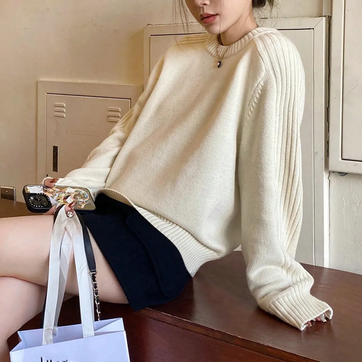 Korean Chic Autumn and Winter Basic Round Neck Pure Color Knitwear, Simple, Loose, Fashionable and Versatile Knitted Knitwear,한Gauge, Religious