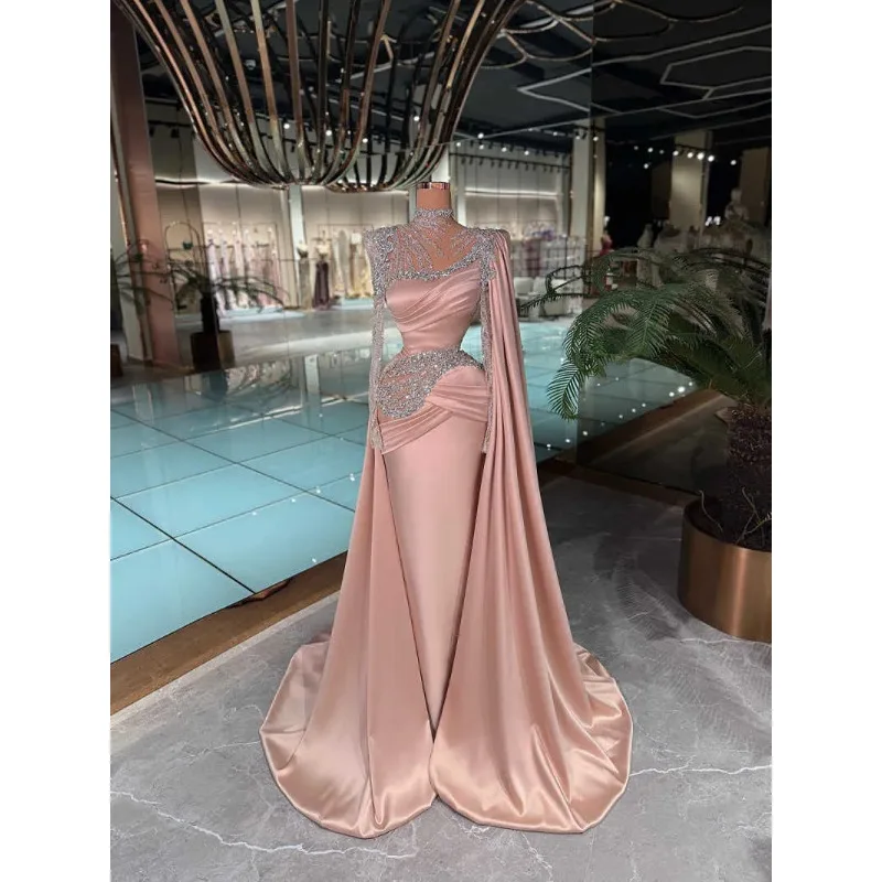 Elegant High Neck Mermaid Women's Formal Evening Dresses Long Sleeve Floor Length Prom Gowns Crystals Party Dress Customized image 3
