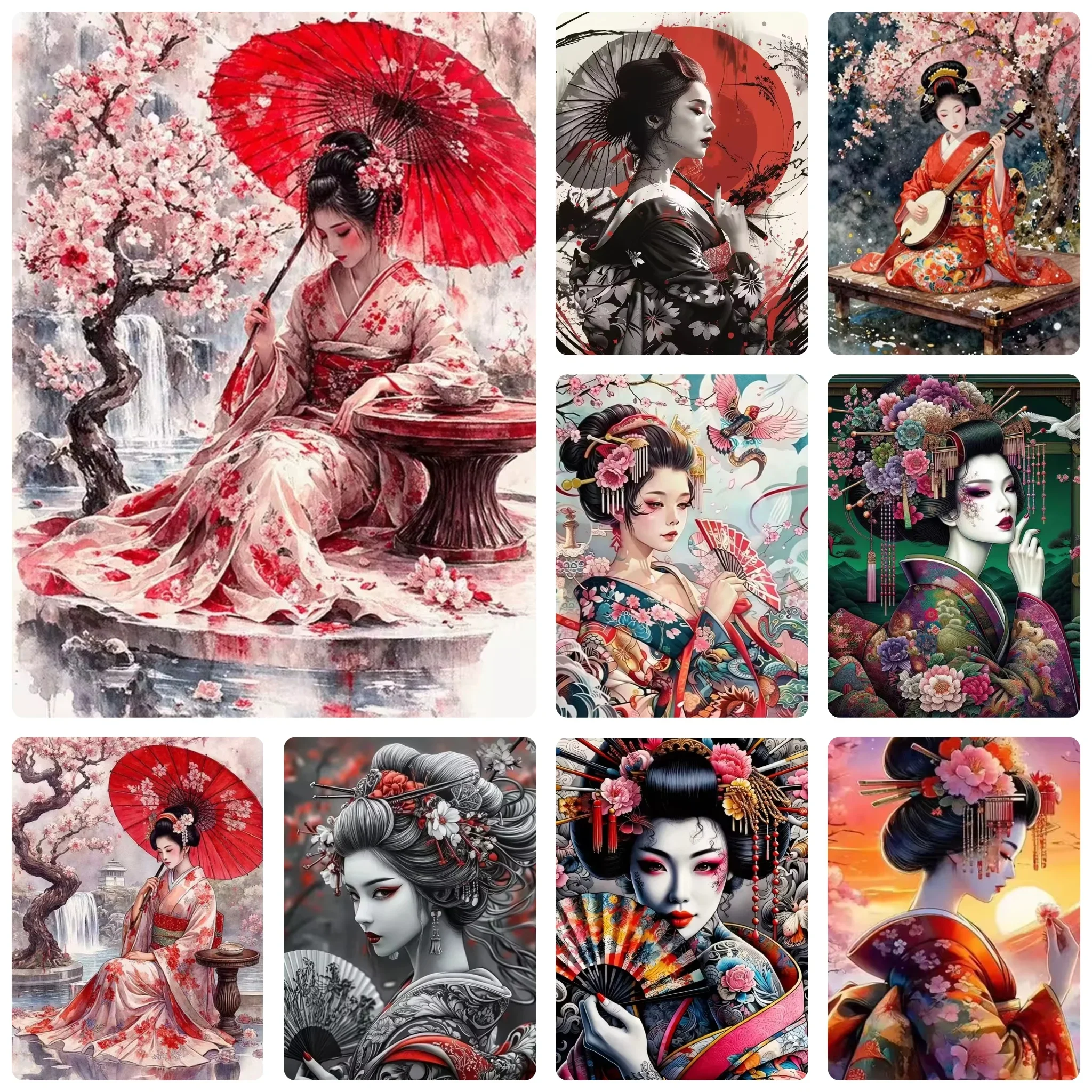 DIY Round/Square Diamond Painting DIY Japanese Geisha Diamond Painting, Traditional Kimono Lady Sakura Art For Living Room Wal