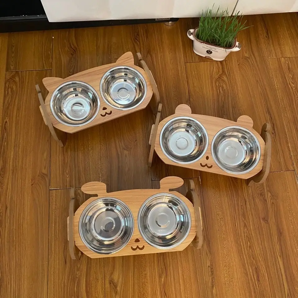 

Dual Pet Bowls for Cats - Stainless Steel & Ceramic Cat Food Dishes with Wooden Stand, Suitable for Adult & Kitten Use