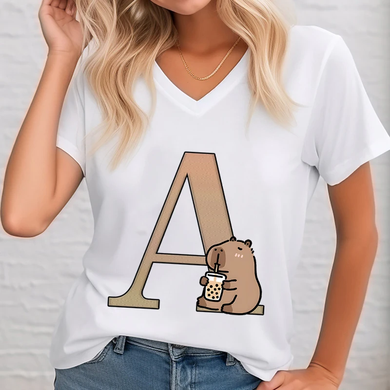 Funny Cute Capybara 26 Alphabet Women T-shirts Cartoon Animal Surname First Letter A-Z Short Sleeve Tops V Neck Capybara Tshirt