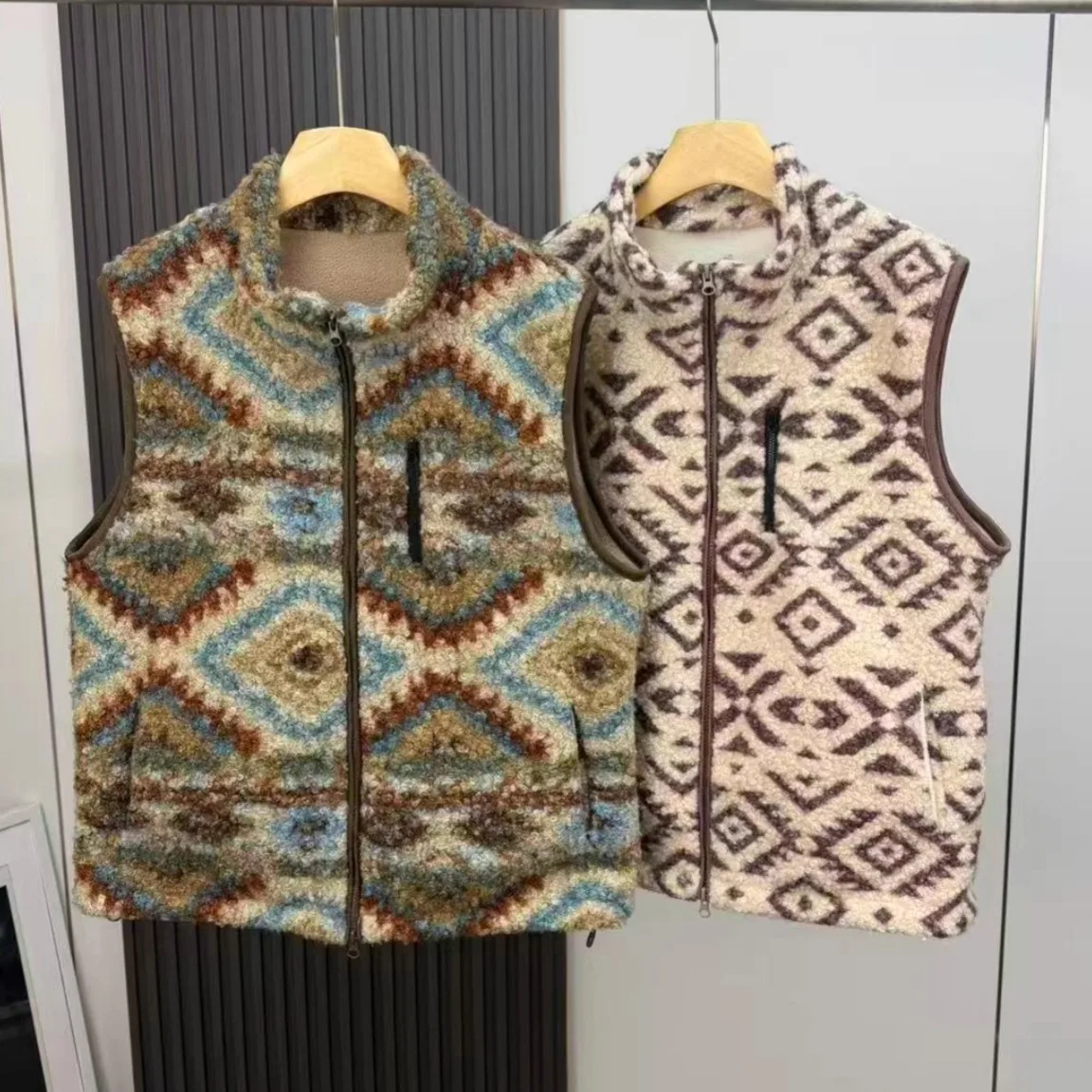 

Warm Fce Vest Geometric Print Stand Collar American Retro Sle Women's ort Outerwear Polyester Fiber Zipper Closure