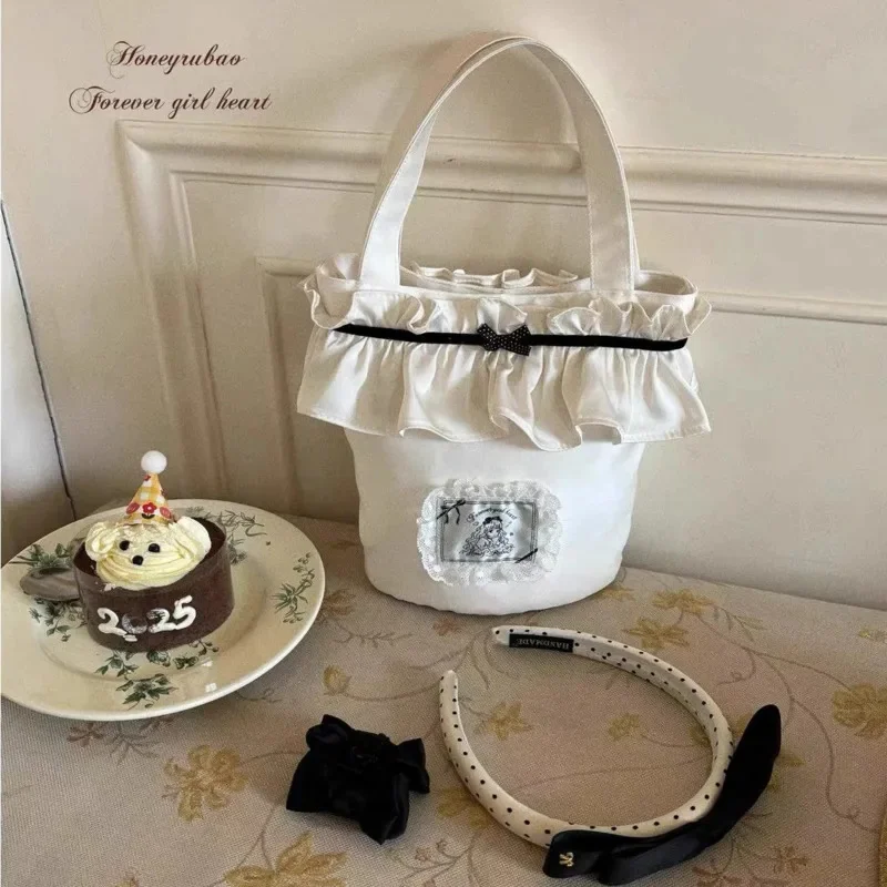 

Women's Handbag Bow Lace Polka Dot Tote Bag Y2K Swan Dream Lace Bucket Portable Storage Diagonal High-capacity Cross Bag New