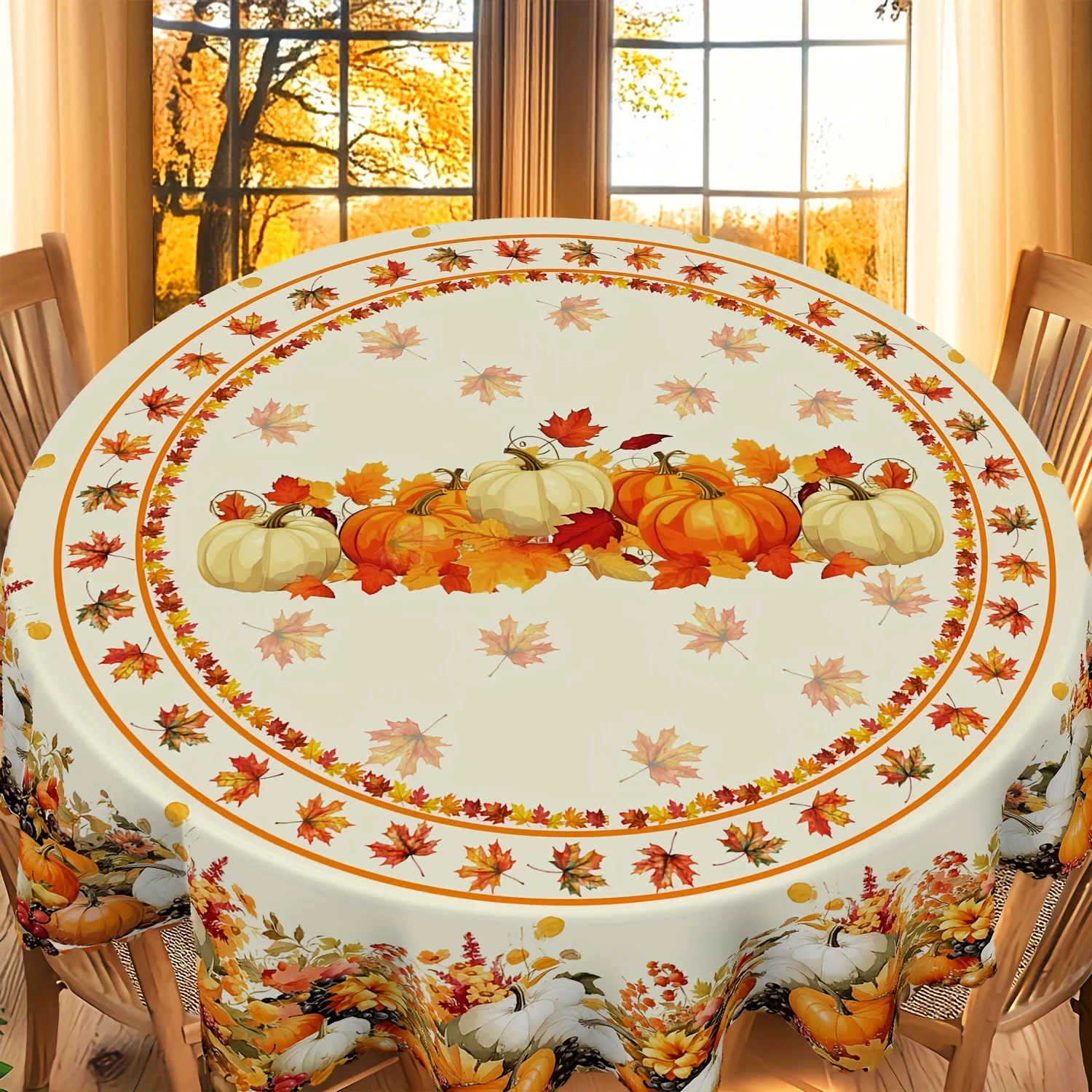 One autumn harvest-themed tablecloth, featuring patterns of pumpkins, maple leaves and acorn leavesZYC