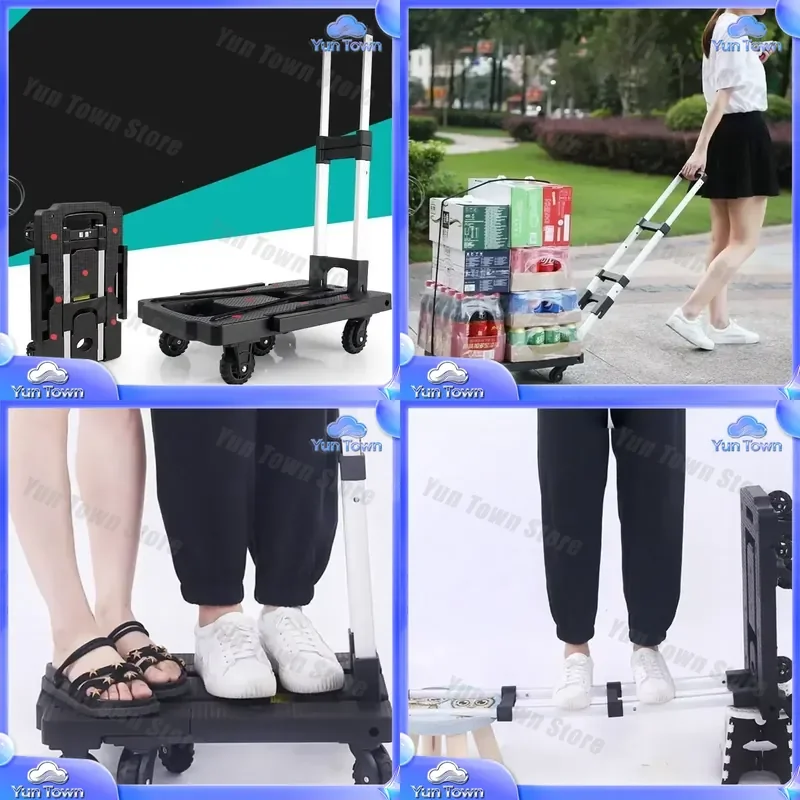 Portable Folding Aluminum Cart Dolly for Luggage Storage Tool Transport Trolley with 4 Wheels Collapsible Carry-on Black for