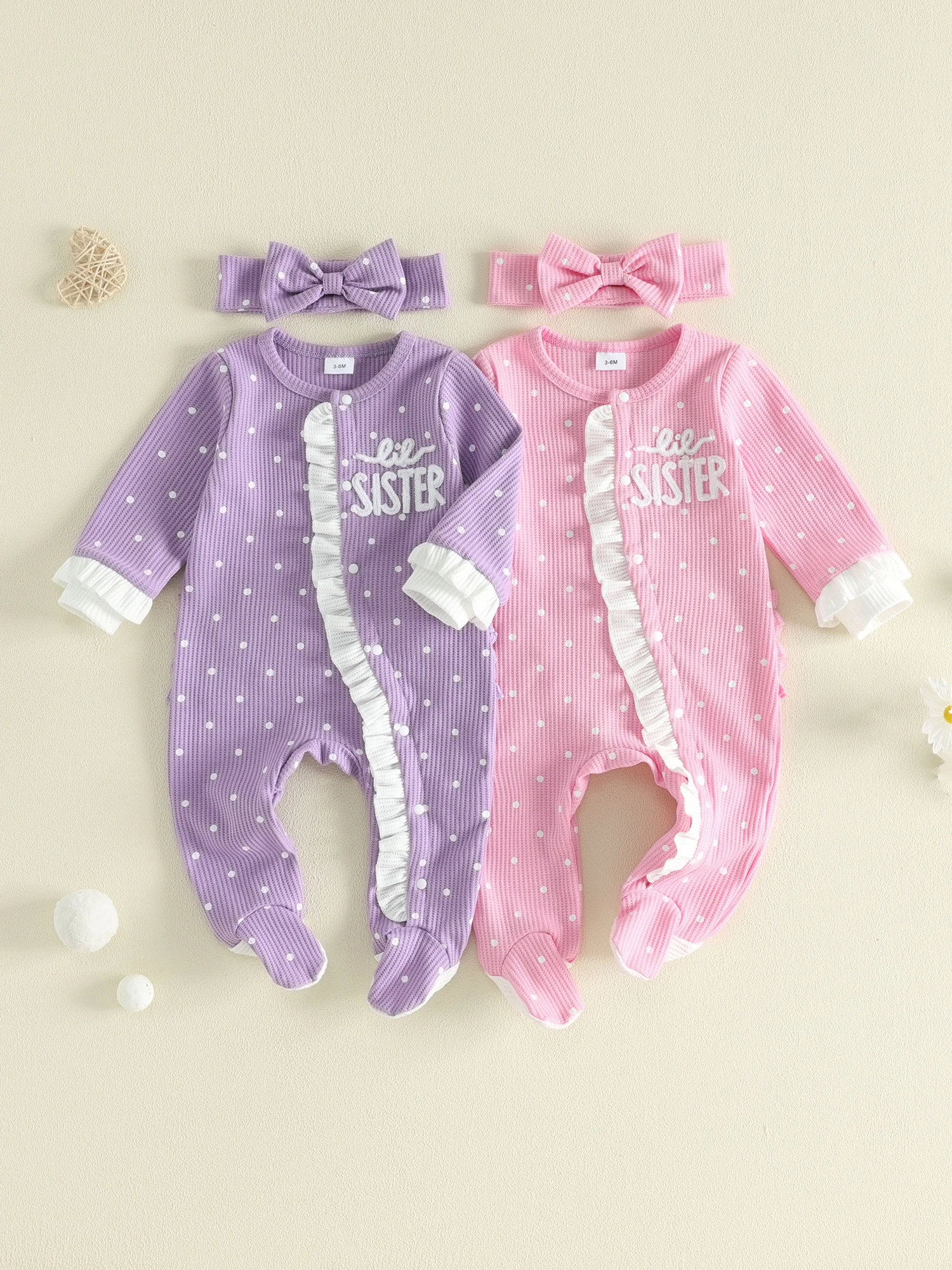 Long Sleeve Waffle Long Footies- 2 Pcs Set Girl Fall Footies Sleeve-Romper Waffle 2 Pcs Baby Girl Fall