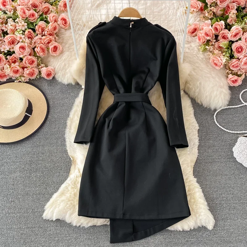 Neploe 2024 Autumn Vintage Robe Femme Embroidered Irregular Button Vestido Stand Neck Long Sleeve Midi Waist Dresses with Belt