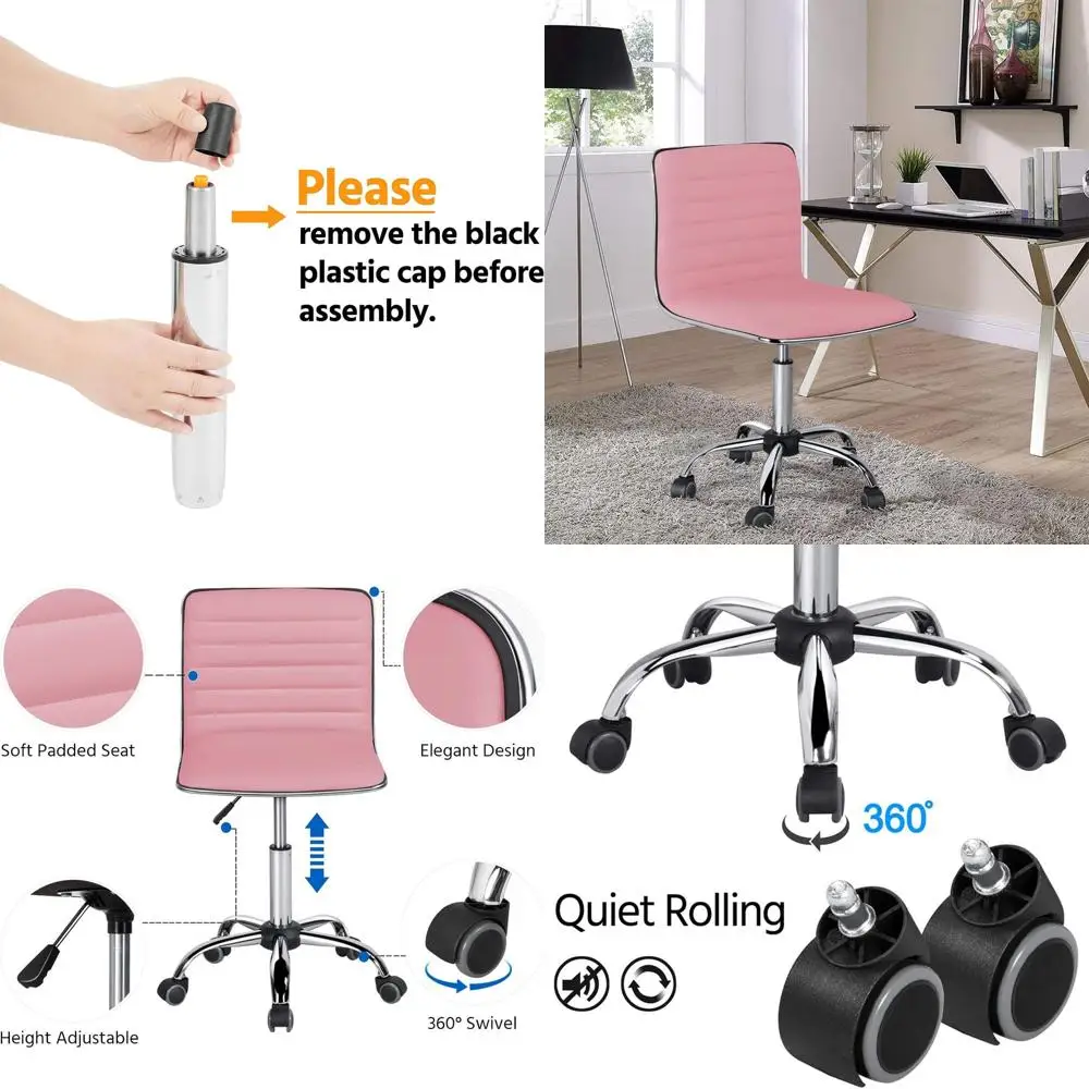 

Ergonomic Ribbed PU Leather Swivel Chair with Wheels, Low Back Office Task Chair for Women