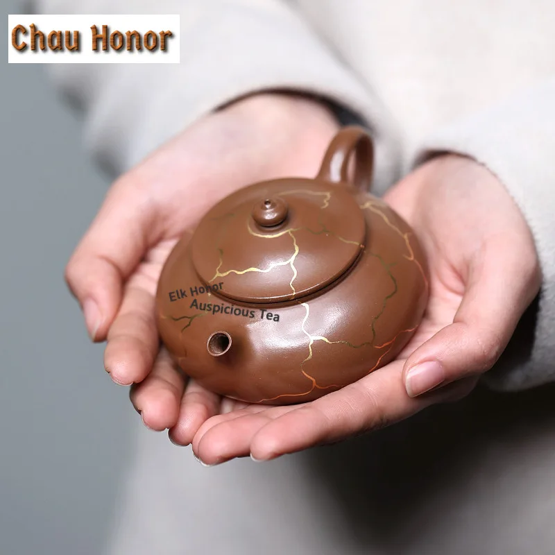 130ml Yixing Purple Clay Teapots Handmade Gold Drawing Cold River Pot Raw Ore Zhu Mud Kettle Chinese Zisha Tea Set Tea Ceremony